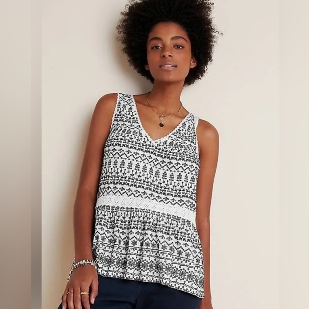 Anthropologie Maeve Cammie Embroidered Eyelet Peplum Sleeveless Top size L